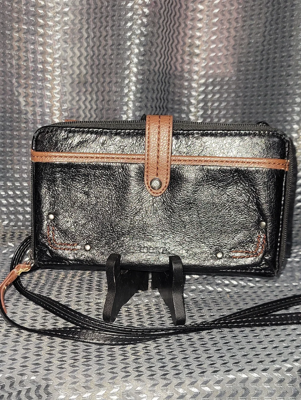 The Sak Black Wallet Crossbody with Brown Trim and Strap